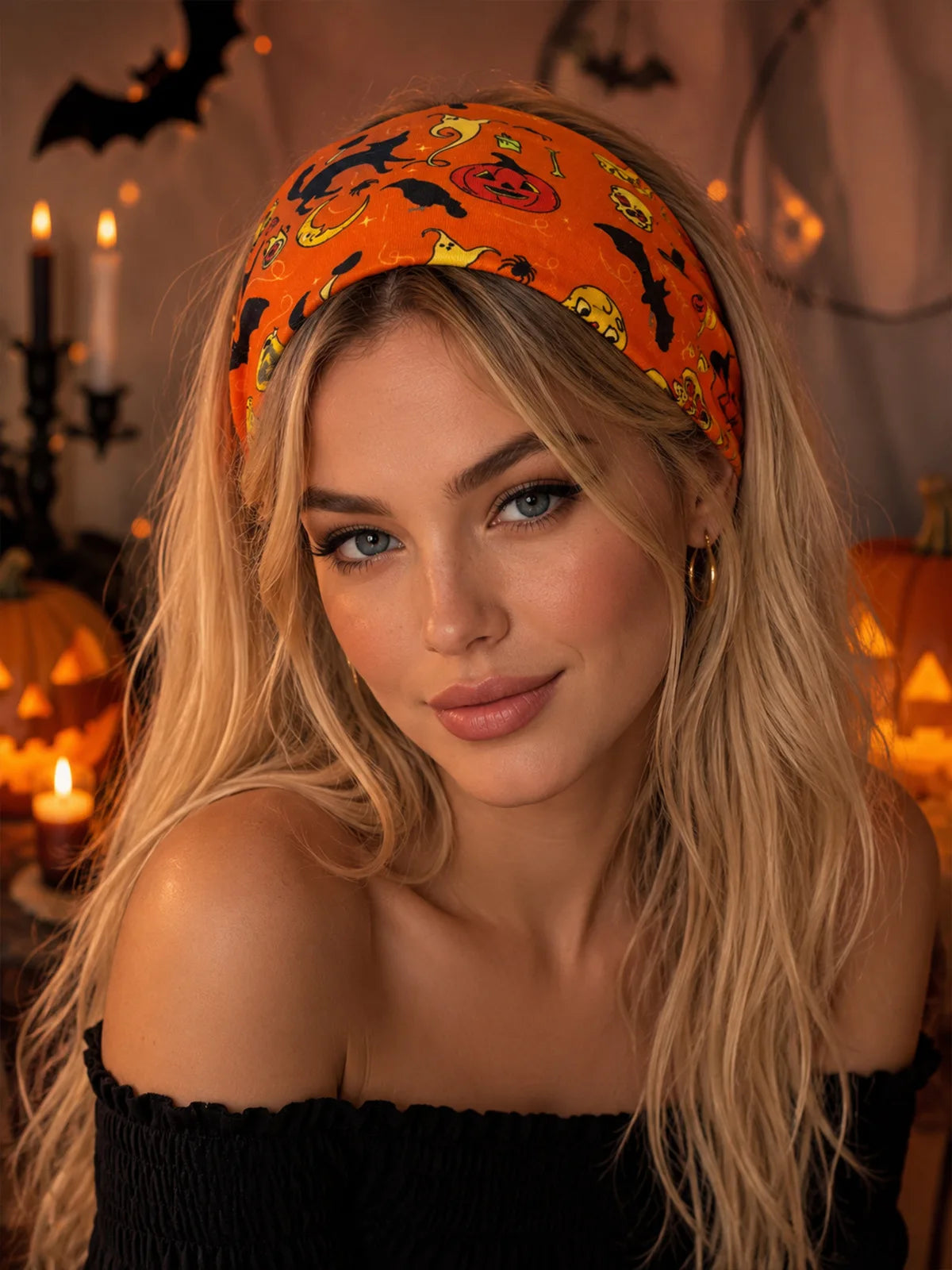 Halloween Headband Stretchy Wide Sports Hairband Skull Pumpkin Bat Print Head Wrap Halloween Party Cosplay Hair Accessories