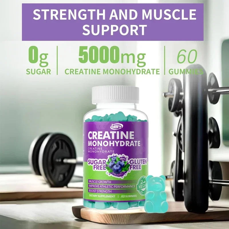 Creatine Monohydrate Gummies, Used for Muscle Strength, Energy Boost, Pre Exercise Supplement - Blueberry Flavor 60 Tablets