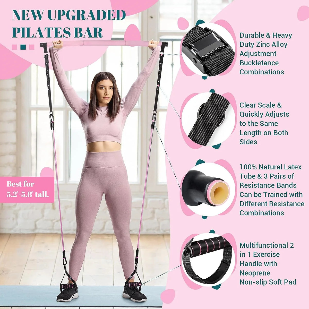 Pilates Bar Kit with Resistance Bands Multifunctional Yoga Bar Portable Home Gym Resistance Bar Kit for Full Body Workouts
