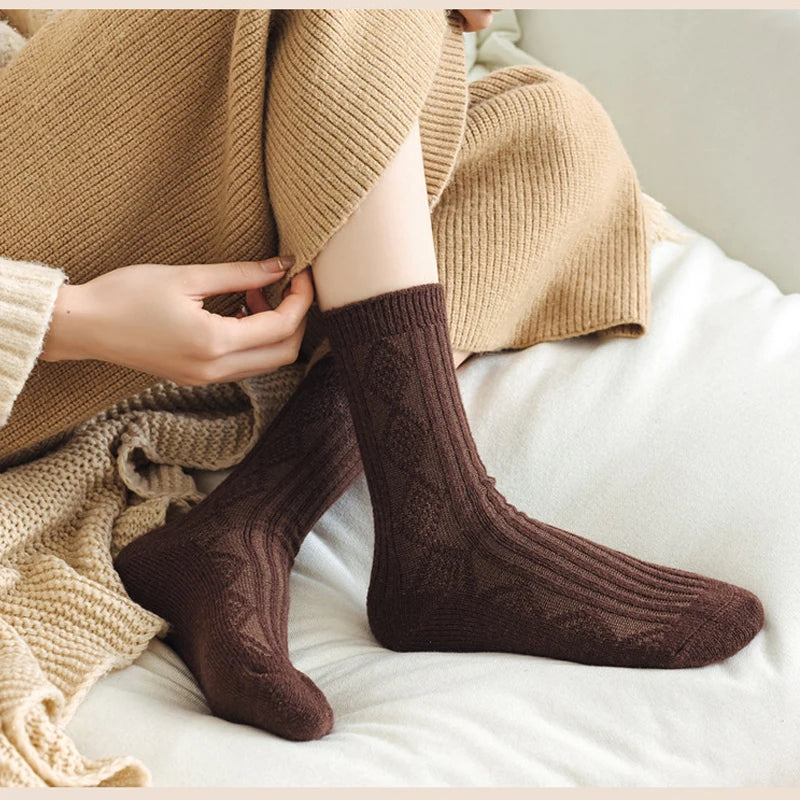 2 Pairs Cashmere Socks Wool Women's Boot Socks Diamond Check Thicken Warm Mid Tube Thermal Fashion Solid Simple Snow Socks