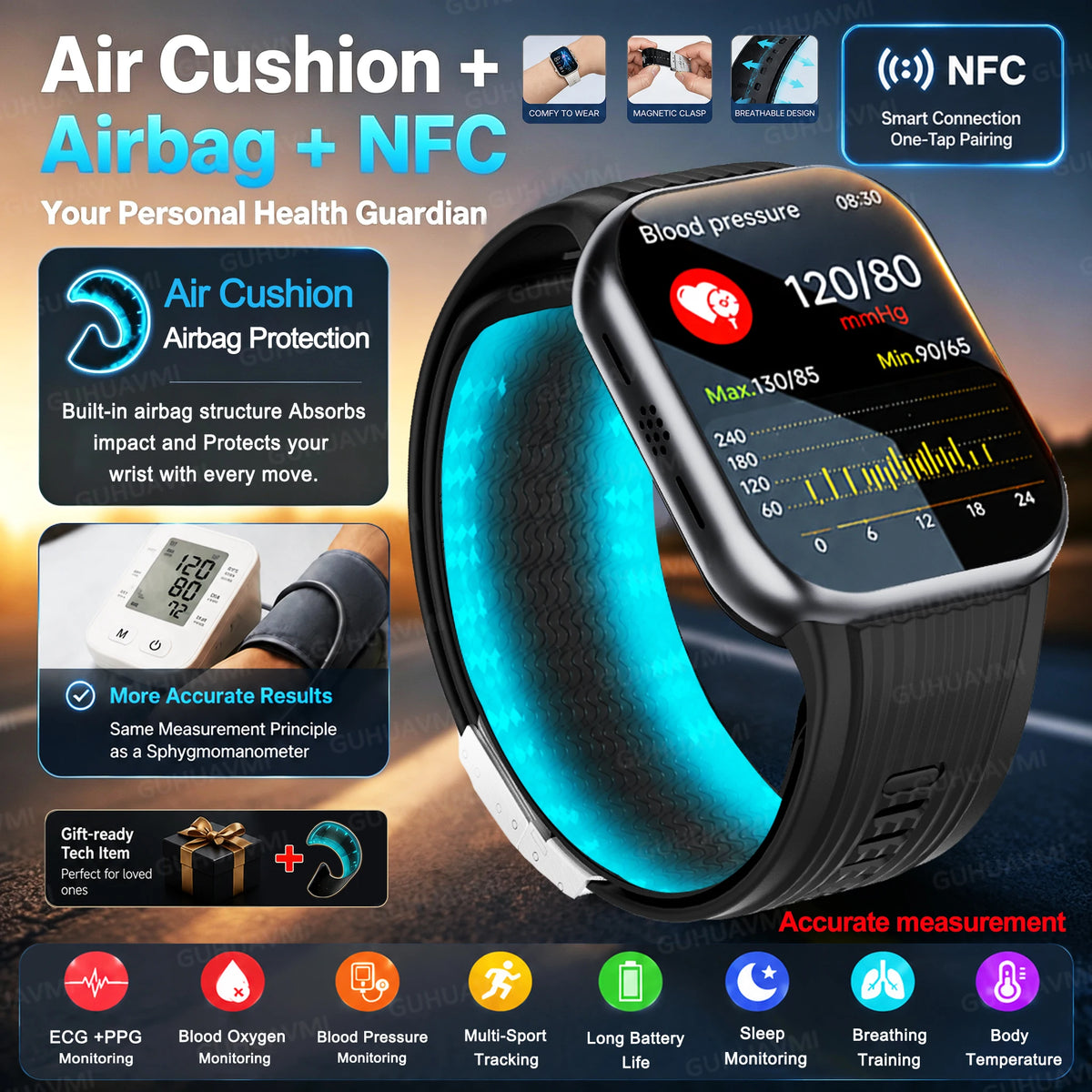 2026New Airbag Blood Pressure SmartWatch NFC ECG+PPG Body Temp Sleep SpO2 Monitor Sports Fitness Health SmartWatch For Men Women