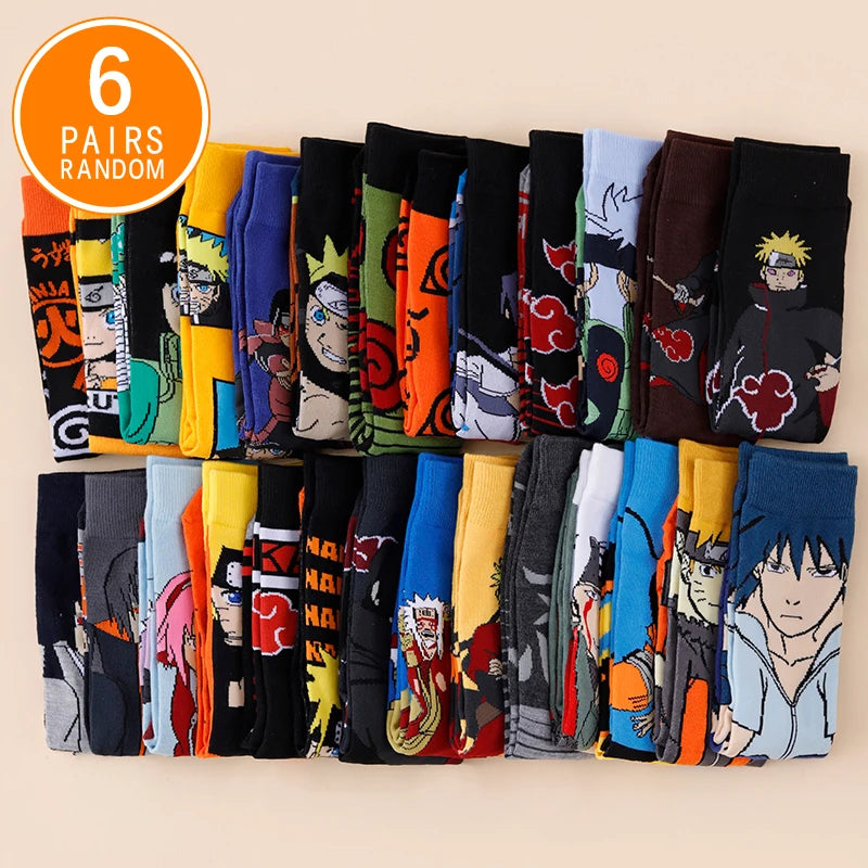 6 Pairs of Random Bandai Hip Hop Street Style Naruto Anime Socks for Men and Women Novel and Nteresting Casual Crew Socks