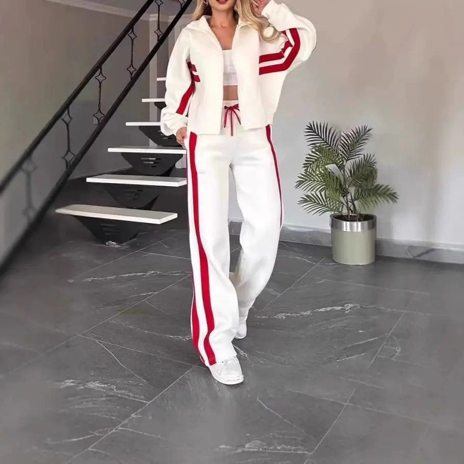 Women's Matching Two-Piece Sport Set Stand Collar Full Zip Cropped Top with Side Double Stripe Wide Leg Drawstring Waist Jogger