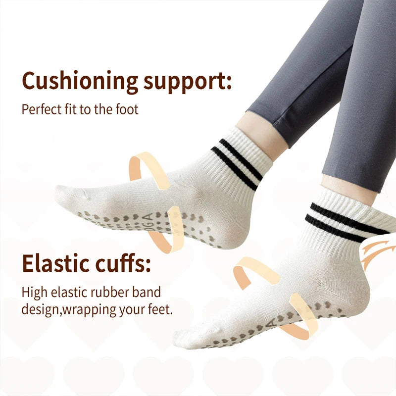 3 Pairs Yoga Socks for Women Non Slip Pilates Grip Socks with Double Stripes Ankle Sport Workout Ballet Athletic Socks