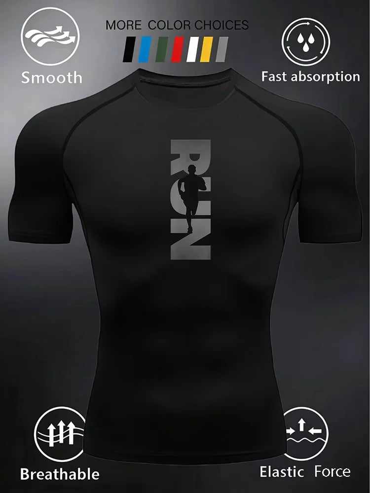 Men's and Women's Matching Short Sleeve T-Shirt with Pressed Design Printed RUN Pattern Fitness Top Suitable for Running - J34
