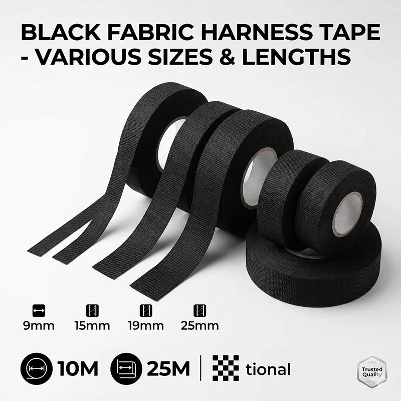 Automotive Wiring Harness Tape Black Fabric Cloth Tape Adhesive Insulation Electrical Tape 9/15/19/25mm Width 10/25M Length