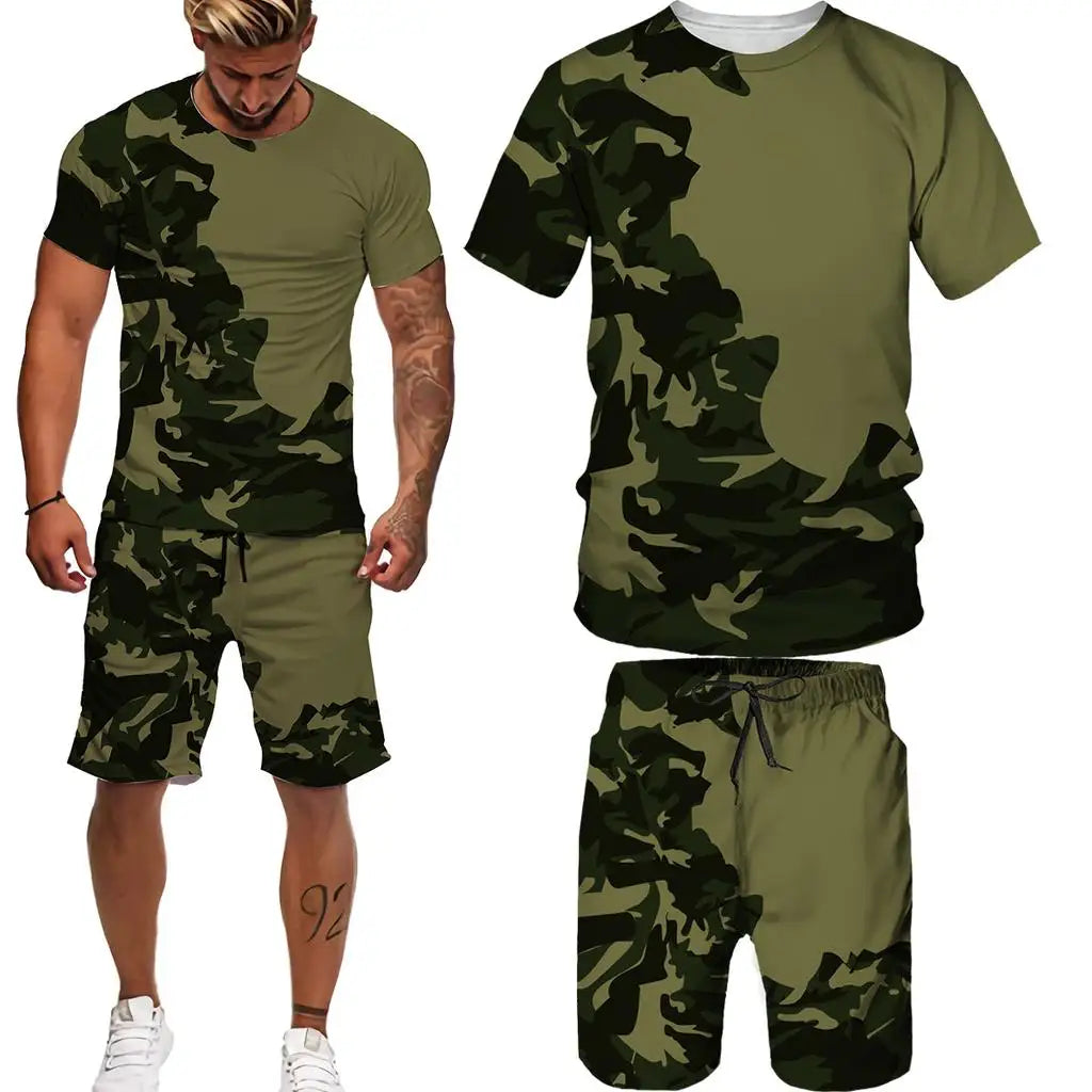 Summer Men Camouflage T shirt Set 3D Print Men's Tracksuit Suit Outdoor Camping Hunting Oversized Casual Tee Shorts 2PCS Outfits