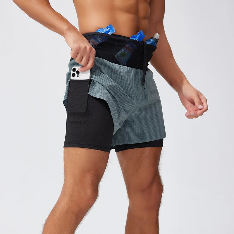 Mens Summer Running Shorts Double Layer Fake Two Piece Marathon Fitness Basketball Hiking Quick Dry Breathable Outdoor Sports