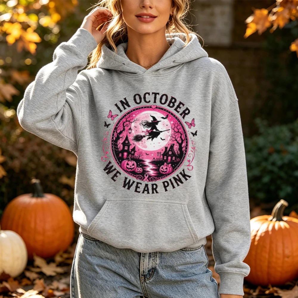 In October We Wear Pink Print Hoodie Halloween Witch Graphic Pullover Pink Ribbon Survivor Support Long Sleeve Blouse Hoodies