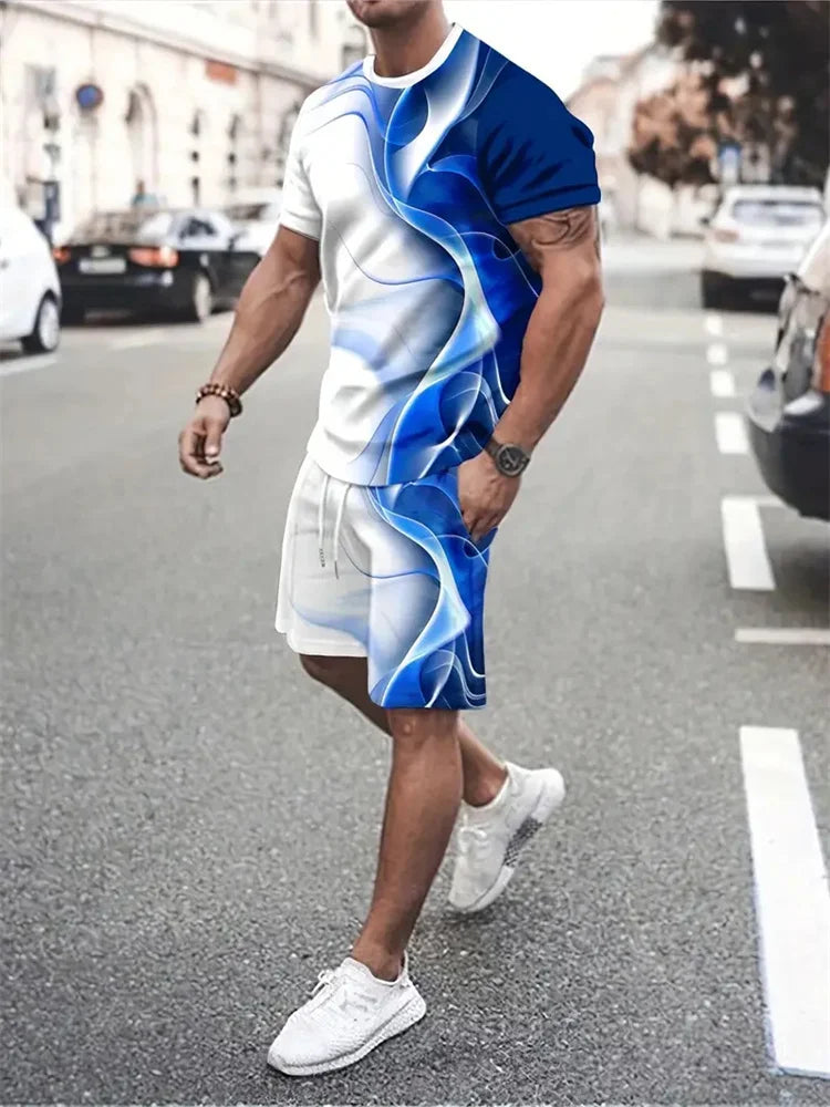 New Gradient Texture T-Shirt Men's Two-Piece Summer New Shorts Suit Fashion 3D Printing Street Casual Sportswear Men's Models