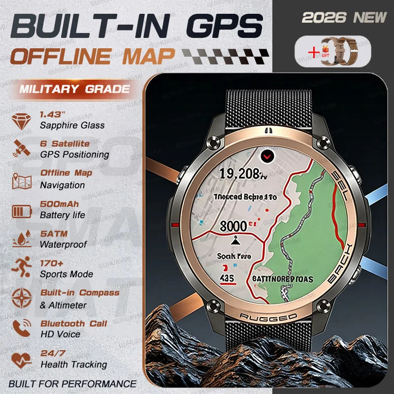 T-Rex 4 Military All-Terrain Accurate Offline Map SmartWatch Built-in GPS Compass Altimeter 5ATM Waterproof Swim Sport Watch Men