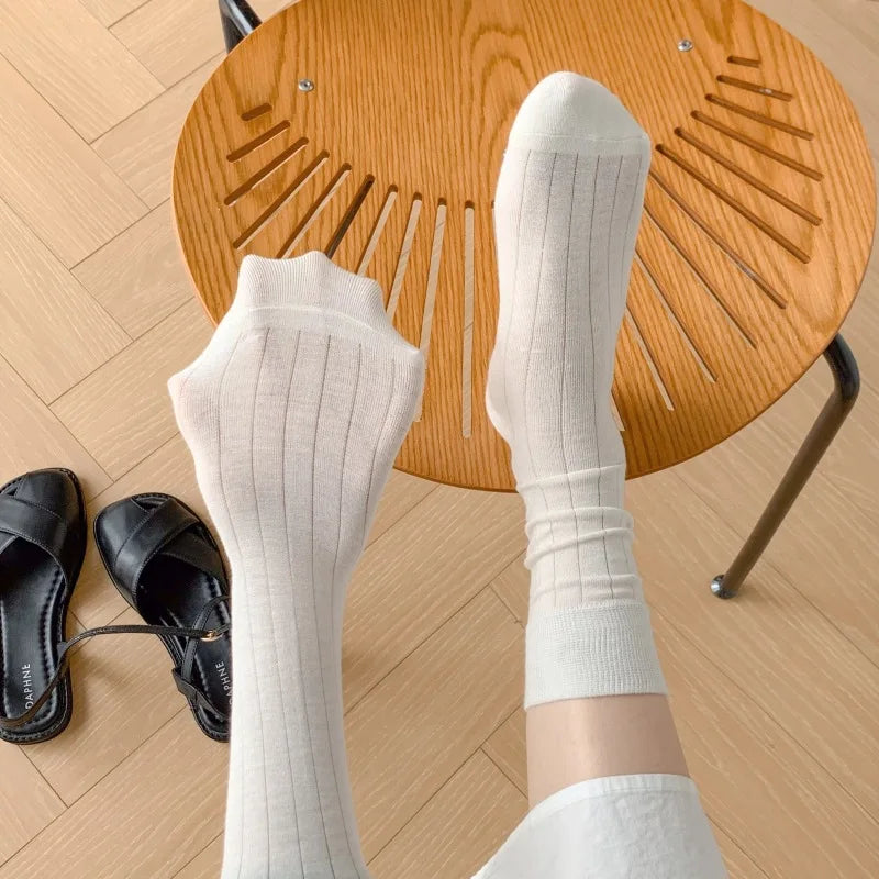 Solid Color Socks Women Bamboo Fiber Thin Breathable Summer Elastic Long Socks Korean Fashion Streetwear Black White Gray Socks