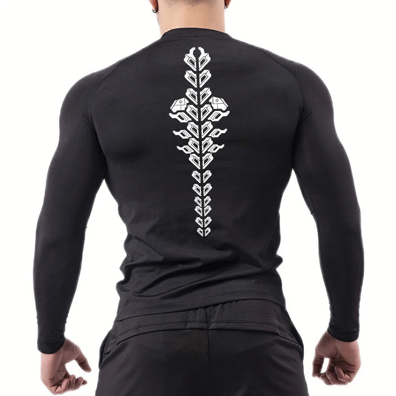 Spine Print Long Sleeve Compression Shirt for Men Athletic Quick Dry T-shirts Gym Workout Running Tees Tops Baselayer Undershirt