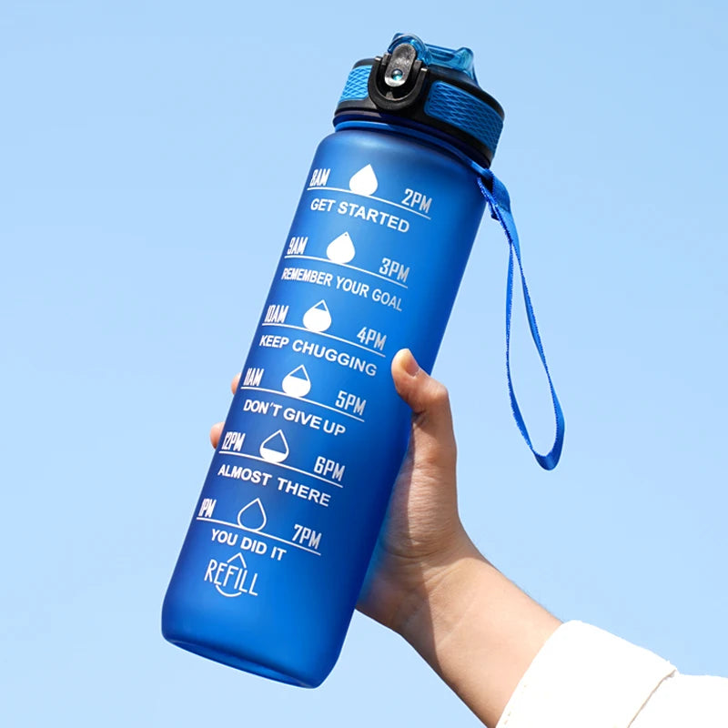 1L Water Bottle 12 Colors Leak Proof with Time Mark Drink and Straw Motivational Drinking Sports Water Bottle for Outdoor Hiking
