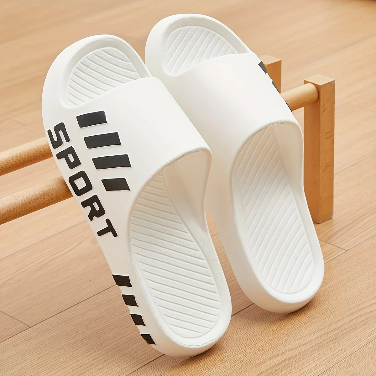 Men Sport Letter Print EVA Slides Striped Decor Non Slip Soft Thick Sole Indoor Outdoor Slippers