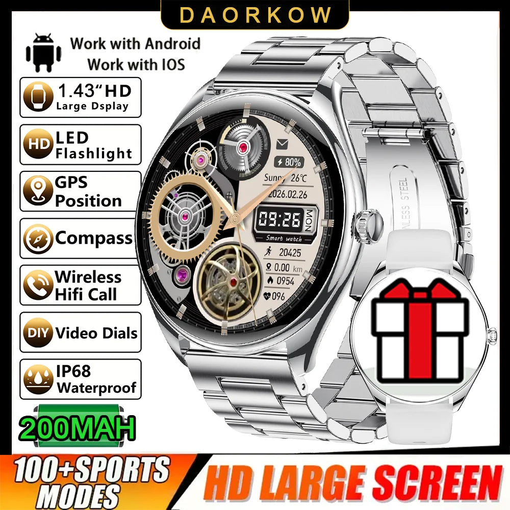 DAORKOW 2026 New 1.43-Inch AMOLED 466*466 Screen Men and Women Bluetooth Call Sports Fitness Ultra-Thin Waterproof Smart Watch