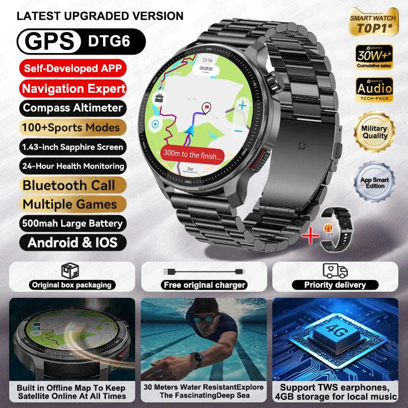 NEW 4GB GPS Offline Maps Smart Watch Men TWS Music Video Player 3D Menu Styles Compass Voice Call Sports Waterproof Bracelet Men