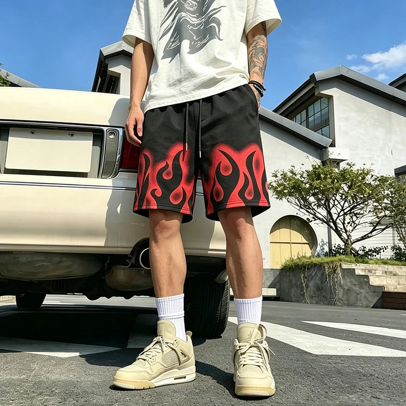Men Flame Print Loose Hip Hop Shorts Elastic Drawstring Waist Exquisite Hem Breathable Street Daily Travel Outdoor Casual Shorts