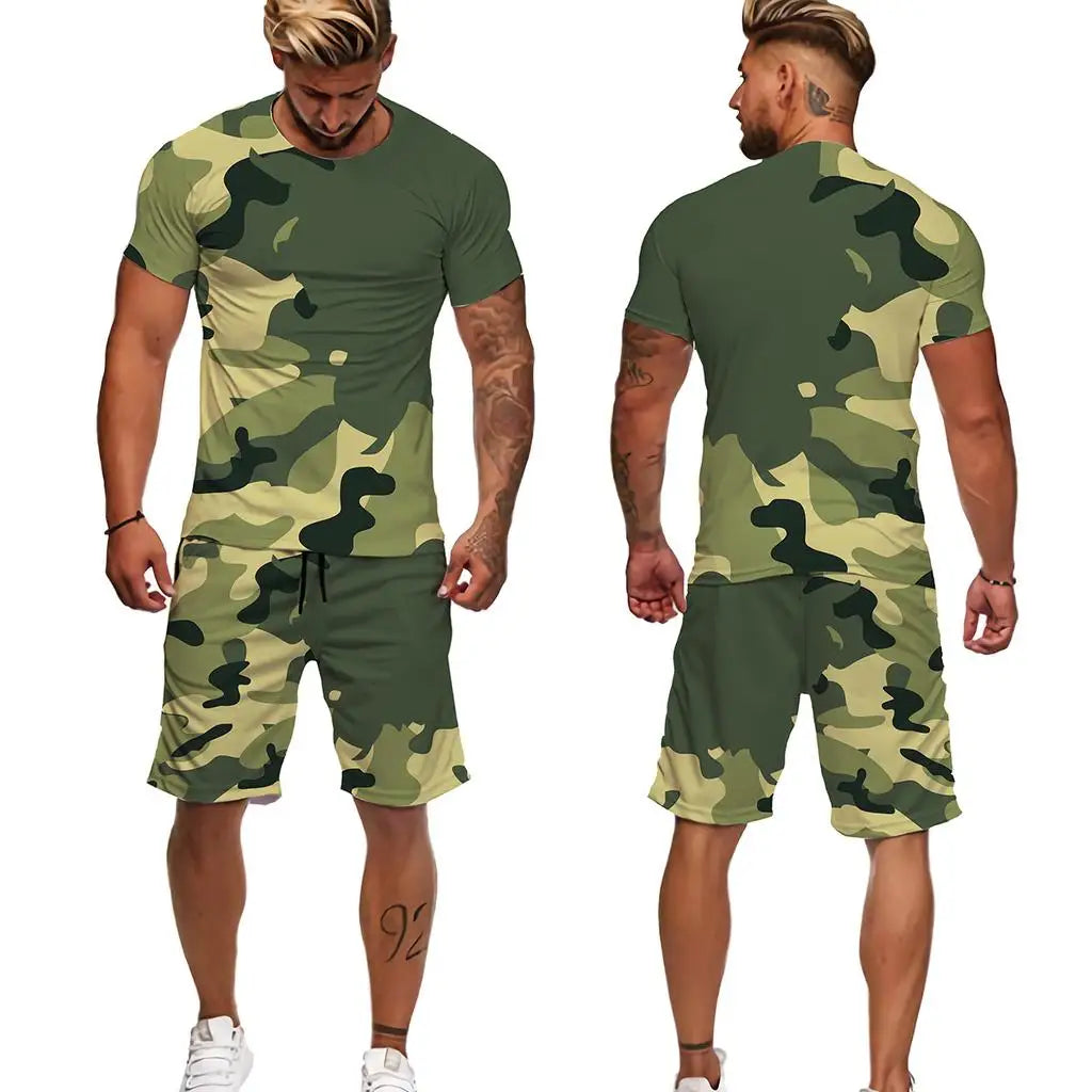 Summer Men Camouflage T shirt Set 3D Print Men's Tracksuit Suit Outdoor Camping Hunting Oversized Casual Tee Shorts 2PCS Outfits