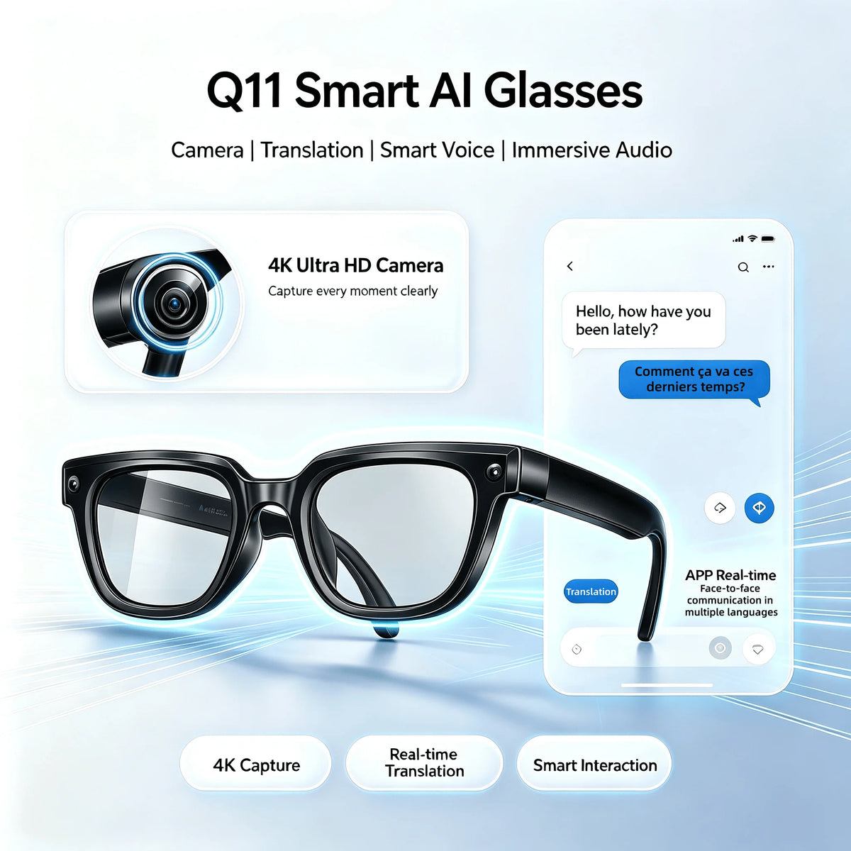 Q11 Smart Glasses 4K Camera Photo Video Real-Time Multi-Language Translation Bluetooth Call & Stereo Music Photochromic Eyeglass