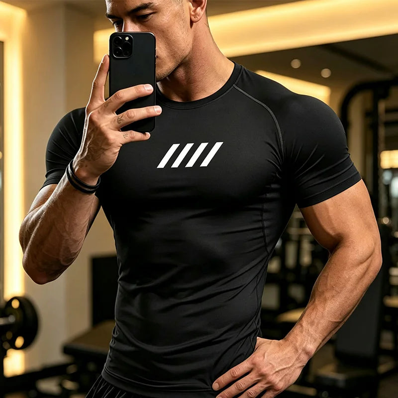 Men's Compact Lightweight Fitness Sport Shirt Short Sleeve, 2D Print Design, Quick-Drying Running Fitness T-Shirt-J47