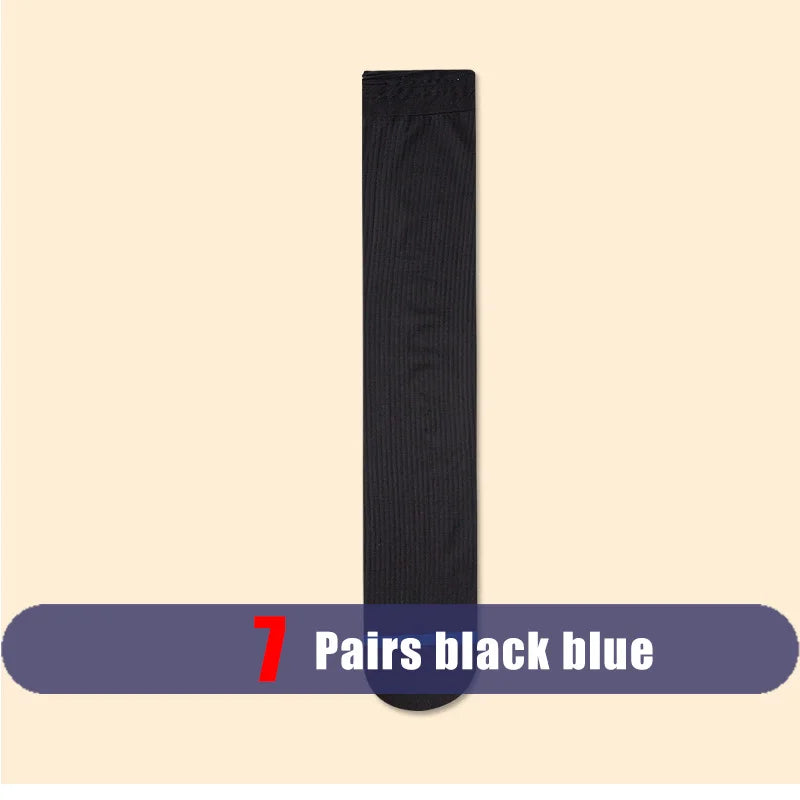 7 Pairs Man Short Silk Socks Business Thin Nylon Striped Breathable Soft Elastic Below Knee Calf Formal Wear Crew Sock Gentleman