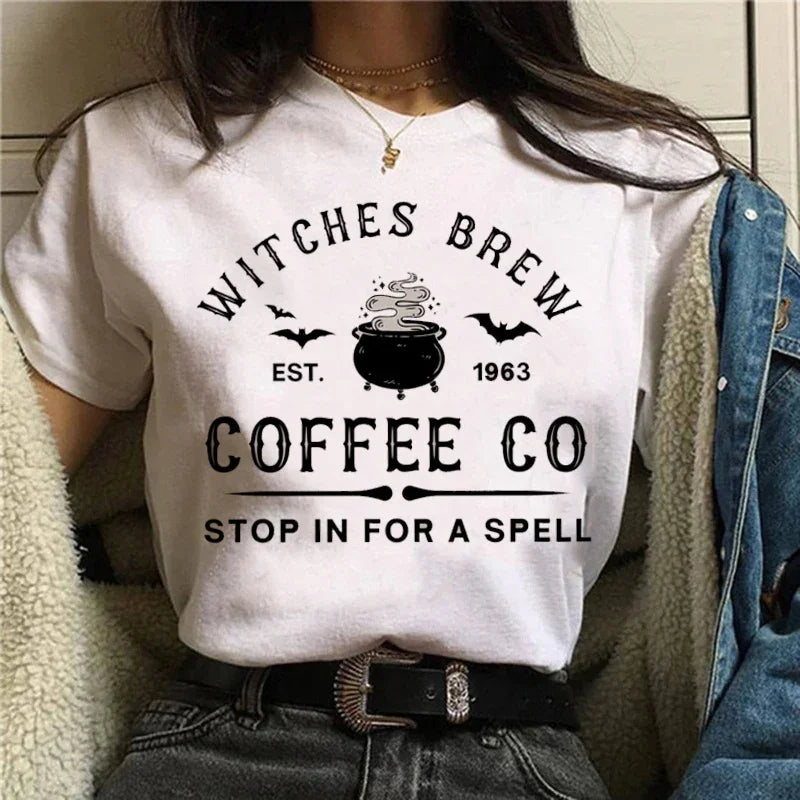 T-shirts Short Sleeve Harajuku Graphic Top Shirts Street Costume Women Cartoon Witch Magic Tshirt Halloween Print