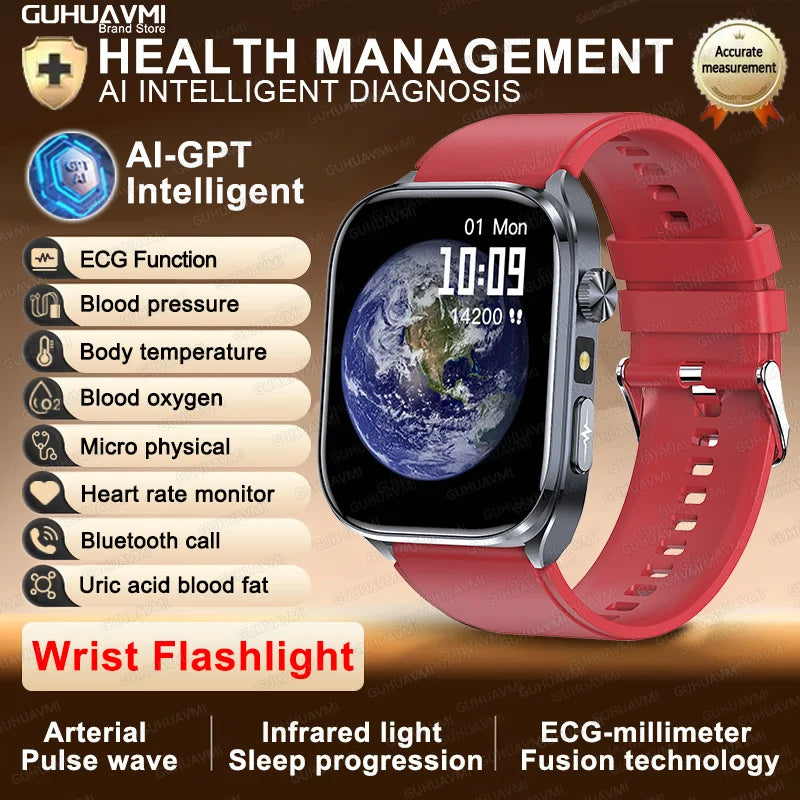 New Accurate Blood Pressure Smart Watch Uric Acid ECG+PPG Blood Oxygen Body Analysis Body Fat LED Flashlight smart watches 2025