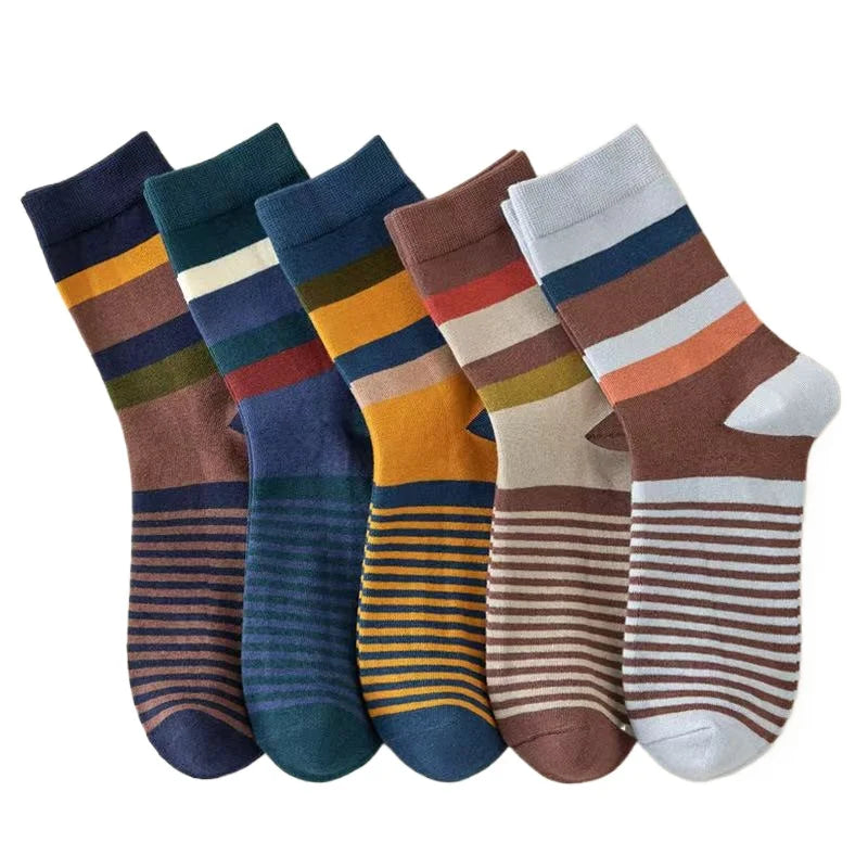 5Pairs/Lot Men's Socks Combed Cotton Outdoor Party Compression Long Socks Fashion Colorful Square Stripe Happy Casual Socks Men