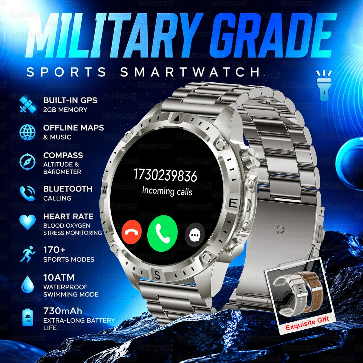 2026 New Rugged Military Smartwatch 2GB Memory GPS Offline Maps Compass 24H Heart Rate 10ATM Waterproof Bluetooth Sports Watches