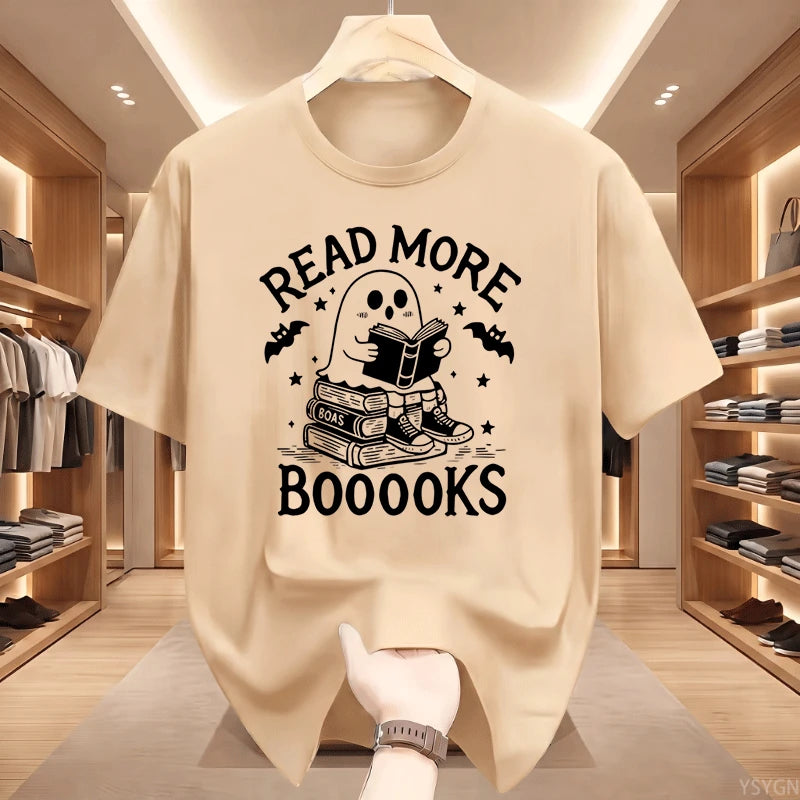 Read More Booooooks Ghost Book Lover T‑Shirt Cute Ghost Reading Book Stack Bat Star Spooky Halloween Bookworm Pun Quote Tops Tee