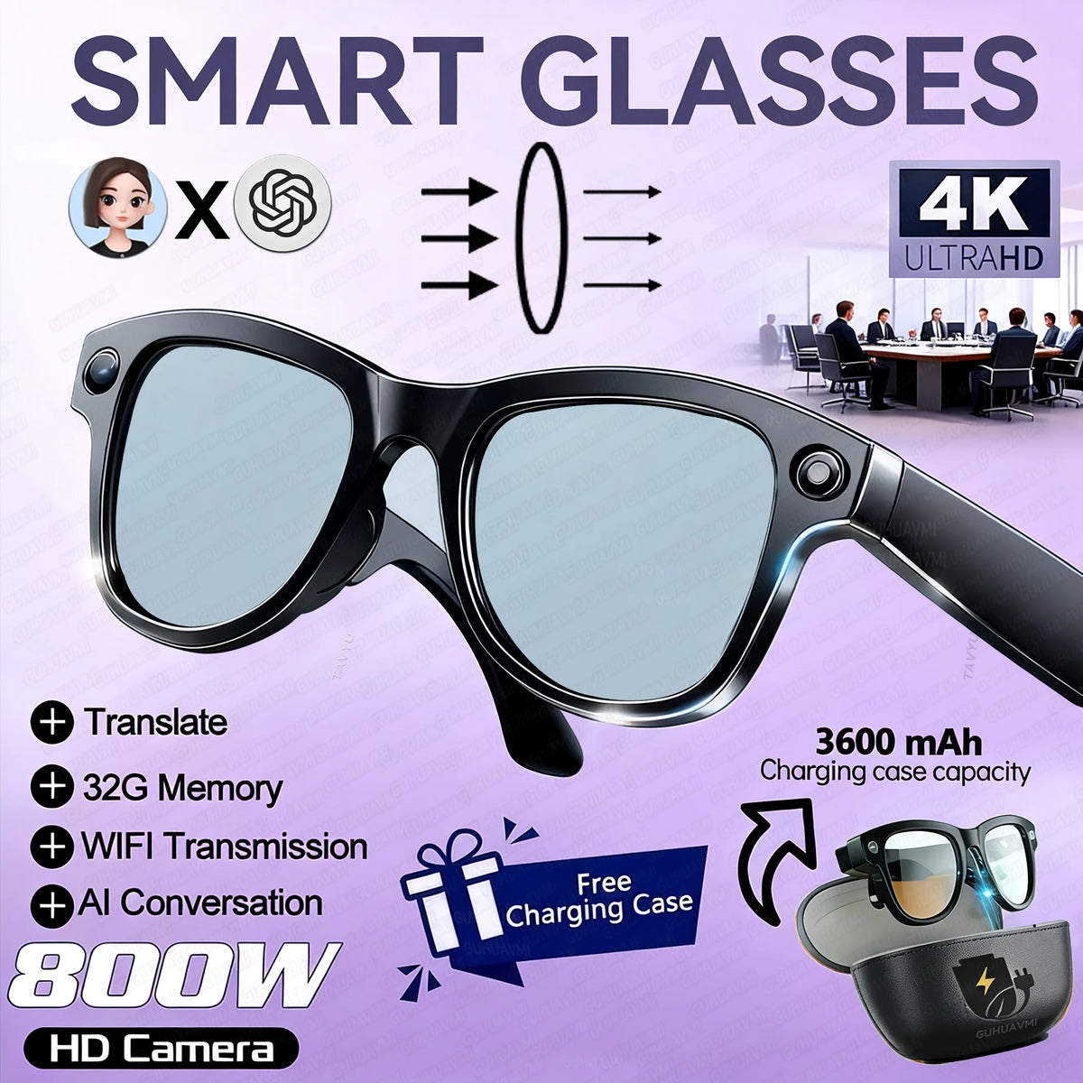 2026 New 800W Camera 3600mAh Portable Charger Smart Glasses 100+language Translation Bluetooth Call Music Player AI Chat Glasses