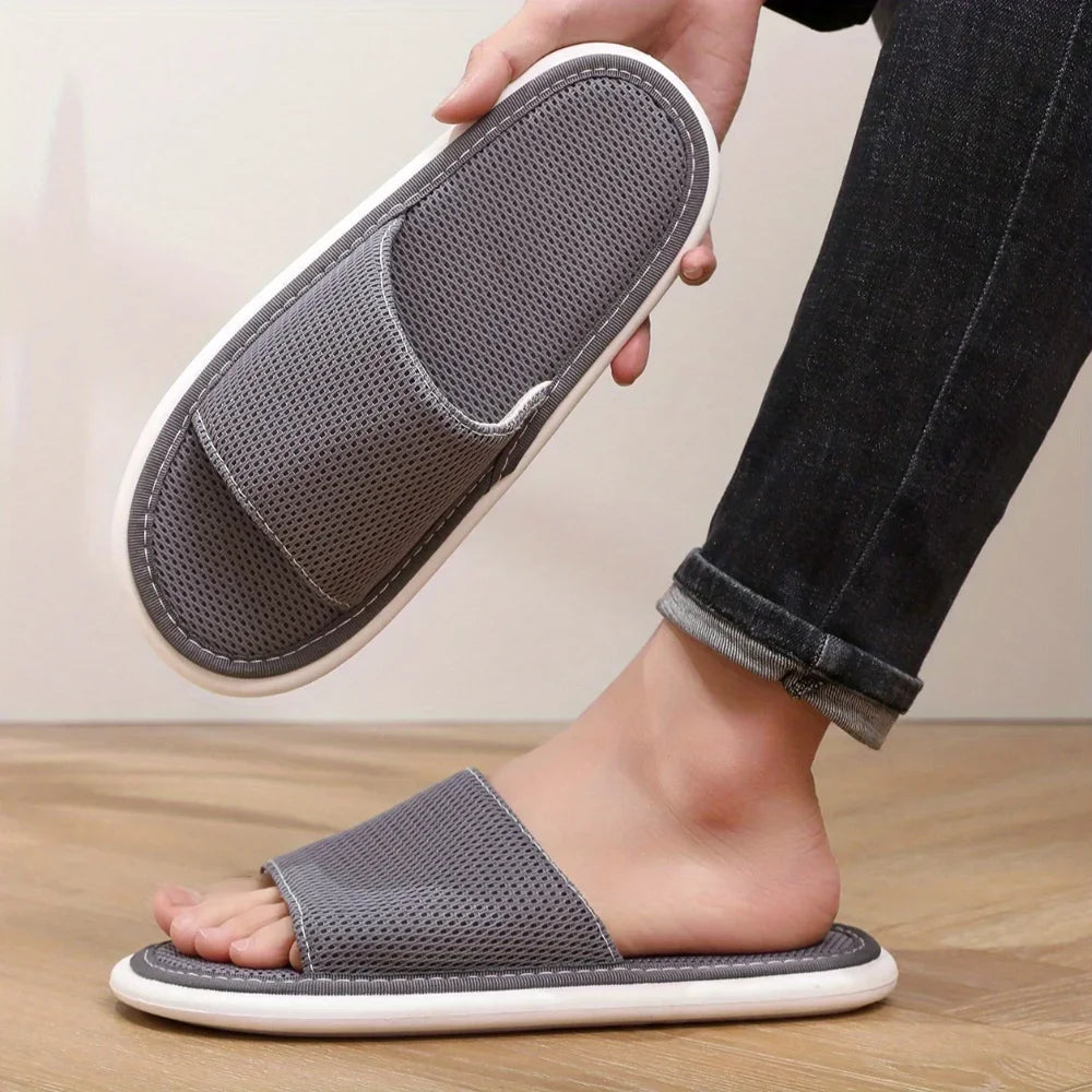 Men's Breathable Mesh On Open-Toe Slippers Lightweight Summer Indoor Shoes Soft Fabric for Home Comfort Flexible House Slippers