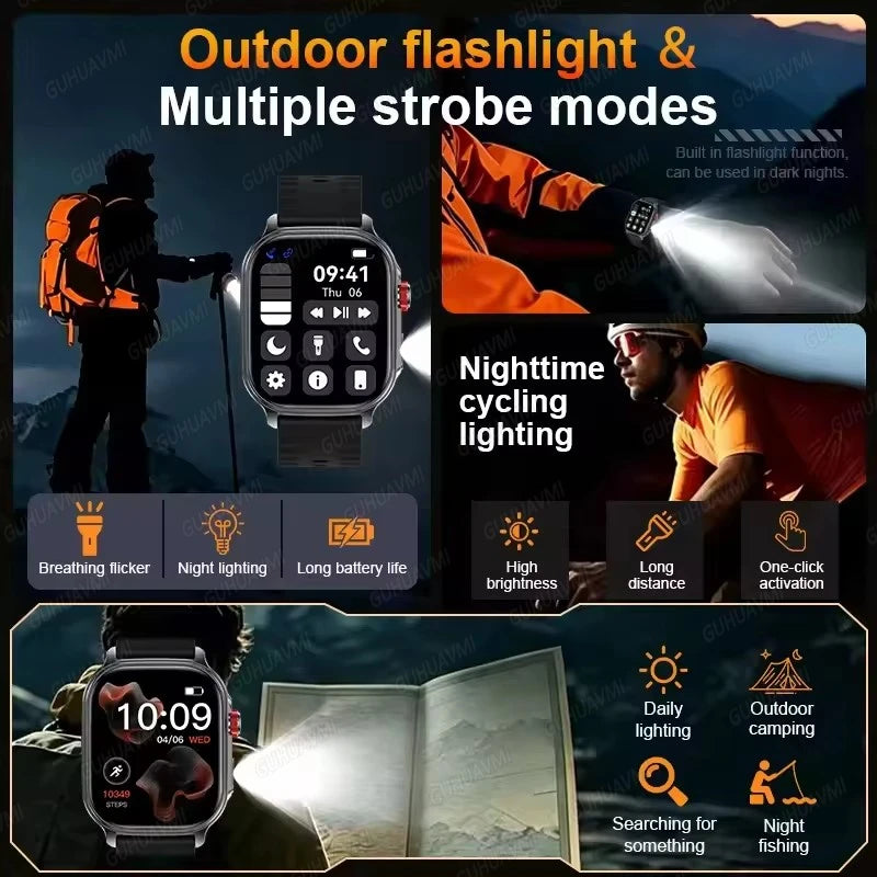 New1400mAh Large Battery Smart Watch 5ATM Waterproof LED Flashlight 100+ Sports Modes Heart Rate Fitness Tracker Men Smart Watch