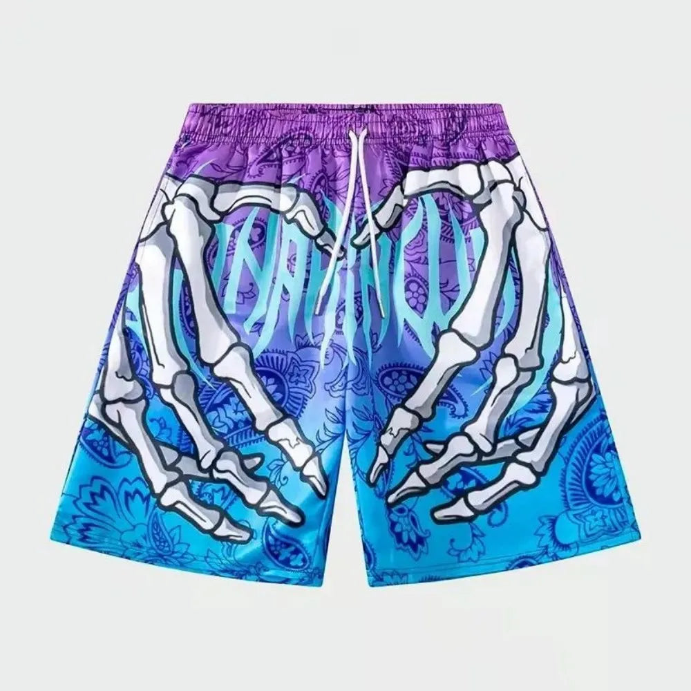 Men's Summer Skeleton Hand Element Printed Quick Drying Breathable Shorts Suitable for Outdoor Casual Wear