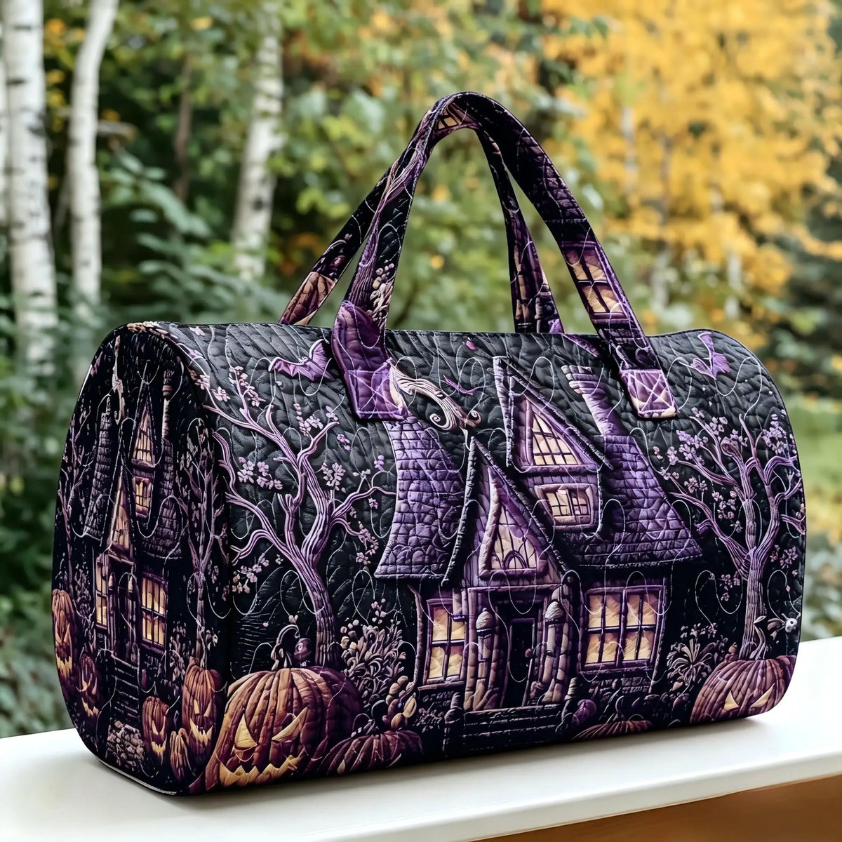 Halloween Quilted Luggage Bag Ghost Castle Weekend Bag Large Capacity Autumn Travel Gym Women's Overnight Short Trip Tote Bag