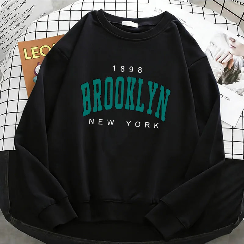 Womens Hoodies Fashion Y2k 1898 BROOKLYN NEW YORK Fleece Sweatshirt Soft Casual O-Neck Pullover Casual Female Clothes