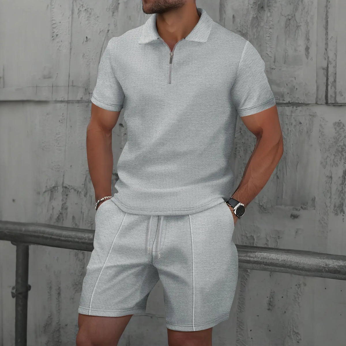 Men Europe and the United States New Summer Waffle Solid Color Zip-Up Lapel Short-Sleeve Suit Shorts Two Sets