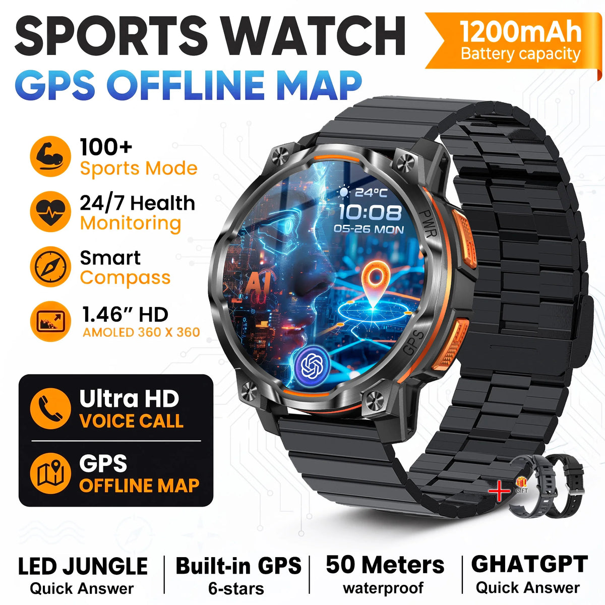 New Technology 2026 Offline Map GPS Smart Watch Men 1200mAh Battery Waterproof Compass Altimeter 100+Sports Military Smart Watch