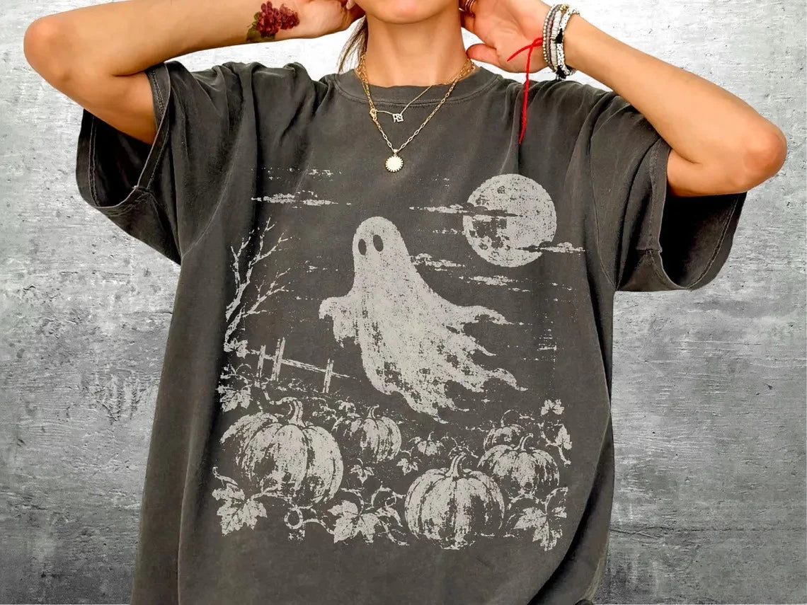 Vintage Halloween Ghost T Shirt Men Women Retro Ghost Pumpkin Moon Print Tee Washed Loose Casual Gothic Fall Streetwear T-shirt