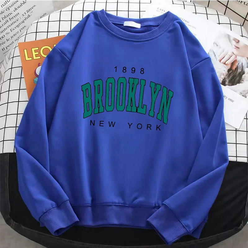 Womens Hoodies Fashion Y2k 1898 BROOKLYN NEW YORK Fleece Sweatshirt Soft Casual O-Neck Pullover Casual Female Clothes