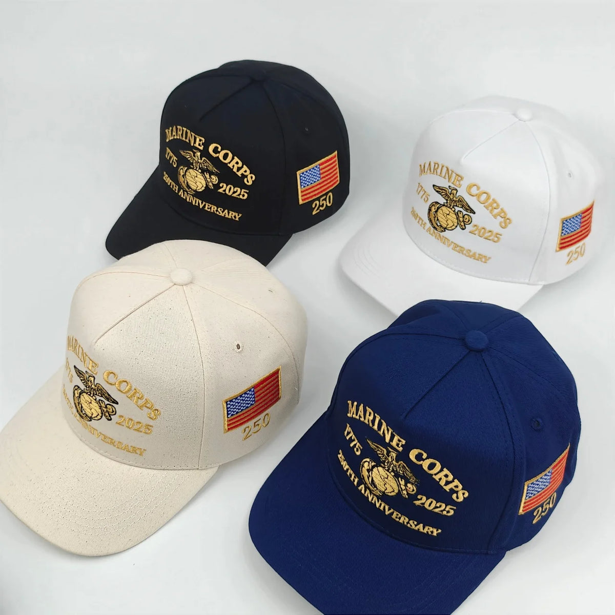 U.S. Marine Corps 250th Anniversary Official Baseball Cap - Knitted with 1775 - 2025 Logo Pattern, Decorated with the American F