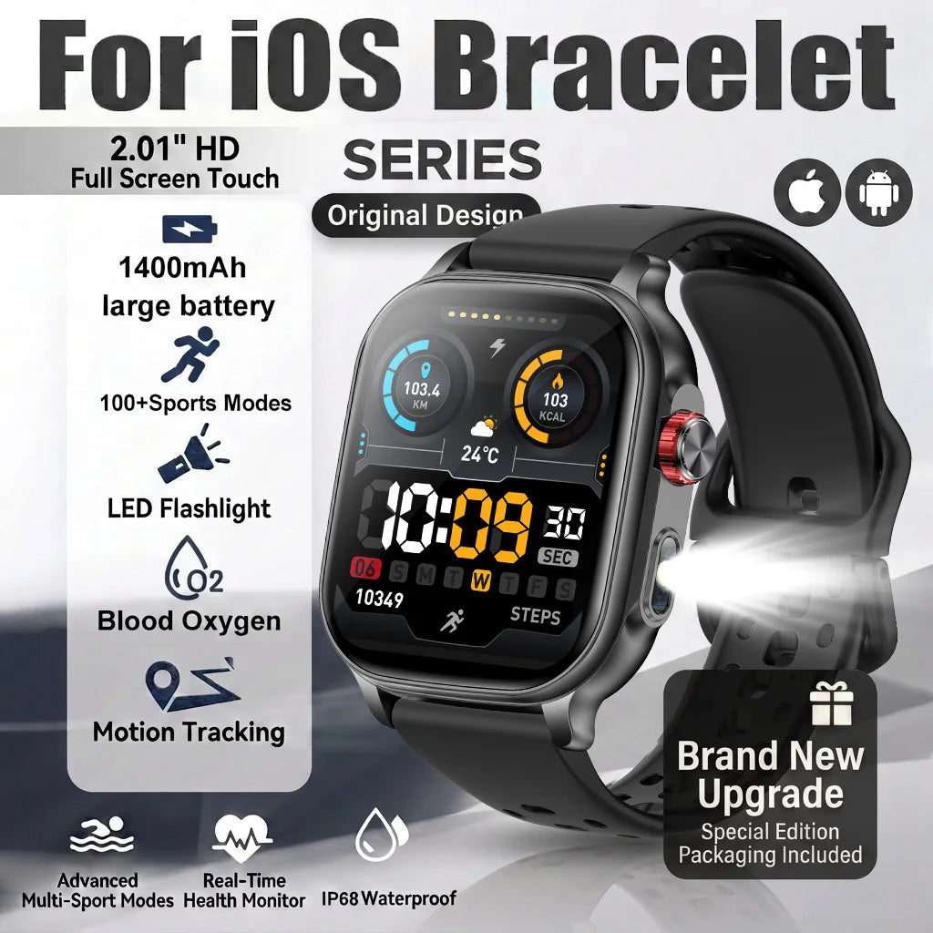 New1400mAh Large Battery Smart Watch 5ATM Waterproof LED Flashlight 100+ Sports Modes Heart Rate Fitness Tracker Men Smart Watch