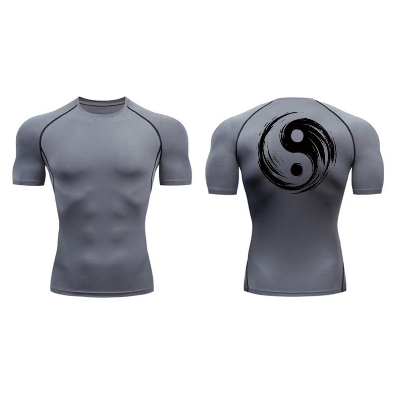 Yin Yang Sword Print Short Sleeve Compression Shirts for Men Summer Athletic Quick Dry T-shirts Gym Workout Running Tees Tops
