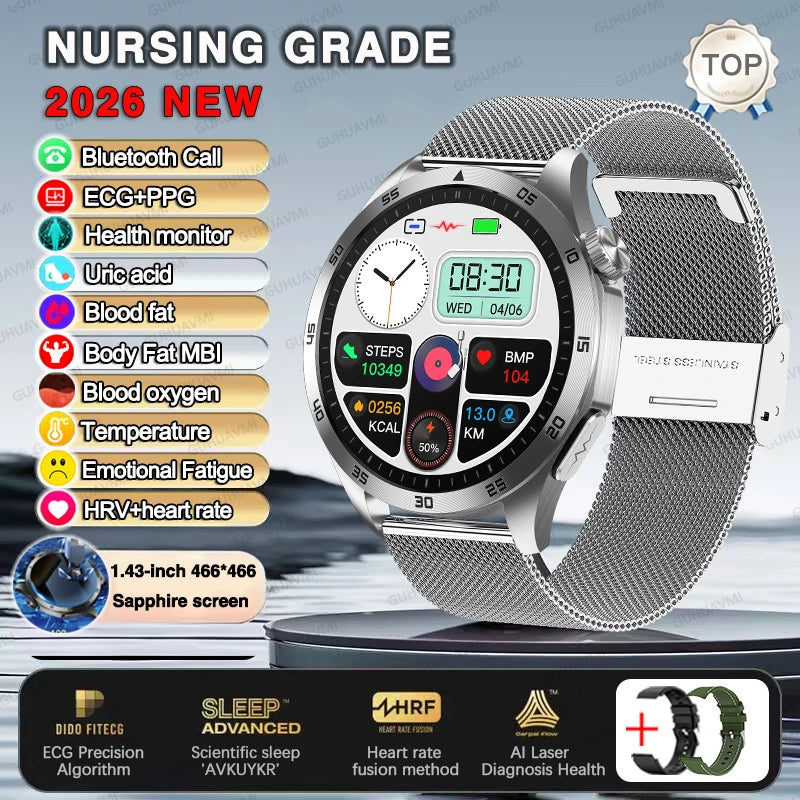 2026 New ECG+PPG Smart Watch Men Treatment Blood Pressure Uric acid Lipids Smartwatch Bluetooth Call Body analysis Health Clock