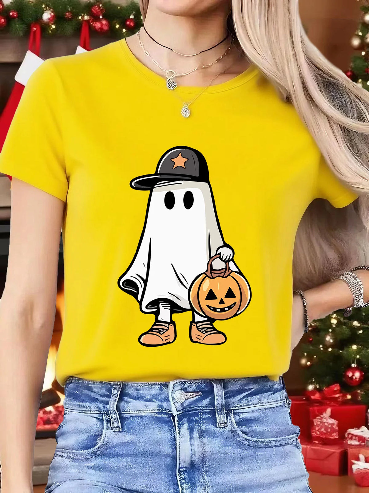 Cute Ghost Cap Pumpkin Basket Womens Crew Neck Short Sleeve T Shirt Halloween Cartoon Spooky Casual Graphic Tees For Ladies