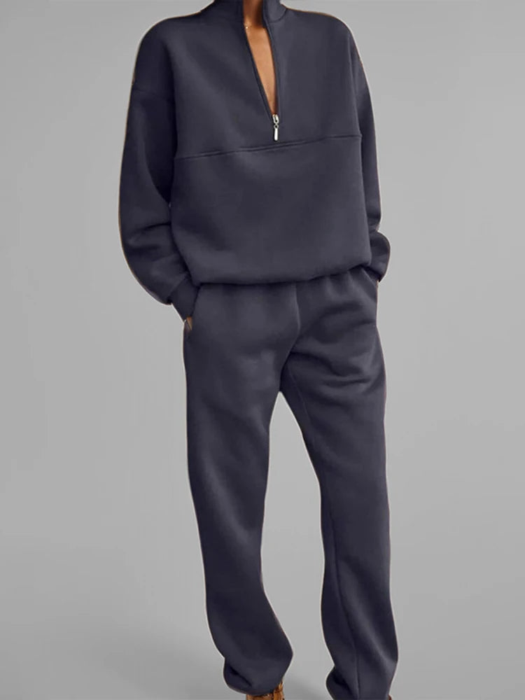 FSMG Casual Half High Neck Tracksuit Solid Long Sleeve Zippers Pullovers+Elastic Waist Pant 2 Piece Set Female Sport Outifits