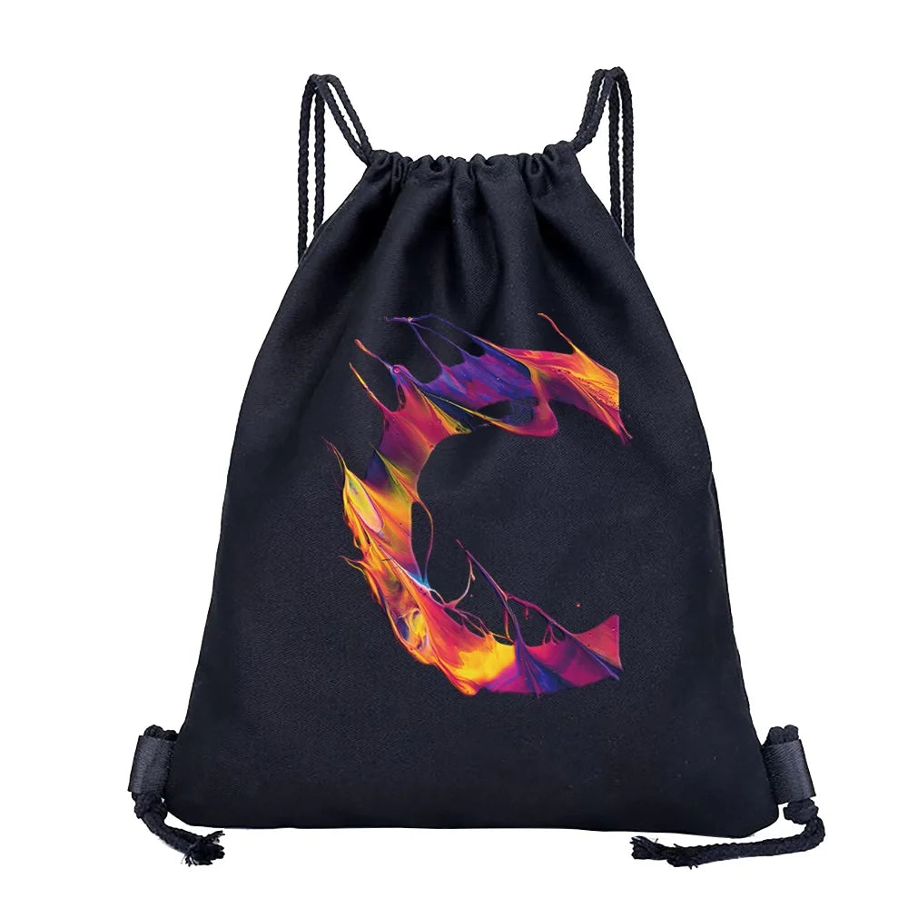 26 Initials Print Drawstring Bag Backpack Men and Women Beach Sports Travel Backpack Kid Gift Supplies Bag Portable Sundries Bag