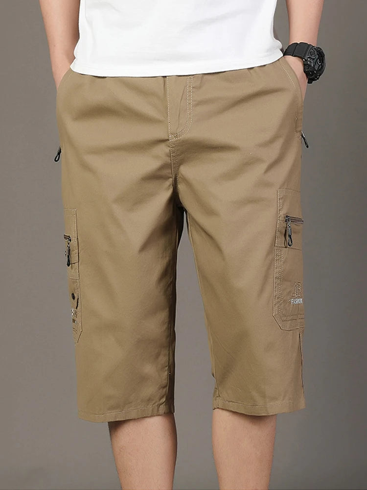 Loose Cargo Shorts Outdoor Hiking Man Keen Length Summer Cotton Breathable Elastic Waist Short Pants Drawstrring 3/4 Cargo Pants
