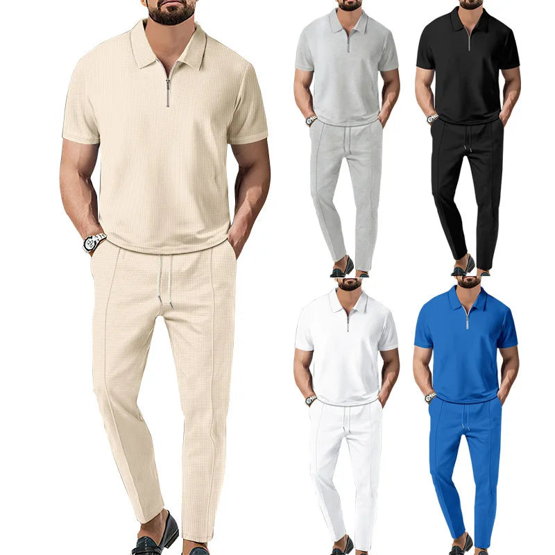 Autumn New European and American Men's Solid Color Casual Comfort Set, Pants, Short Sleeves, Zipper Set